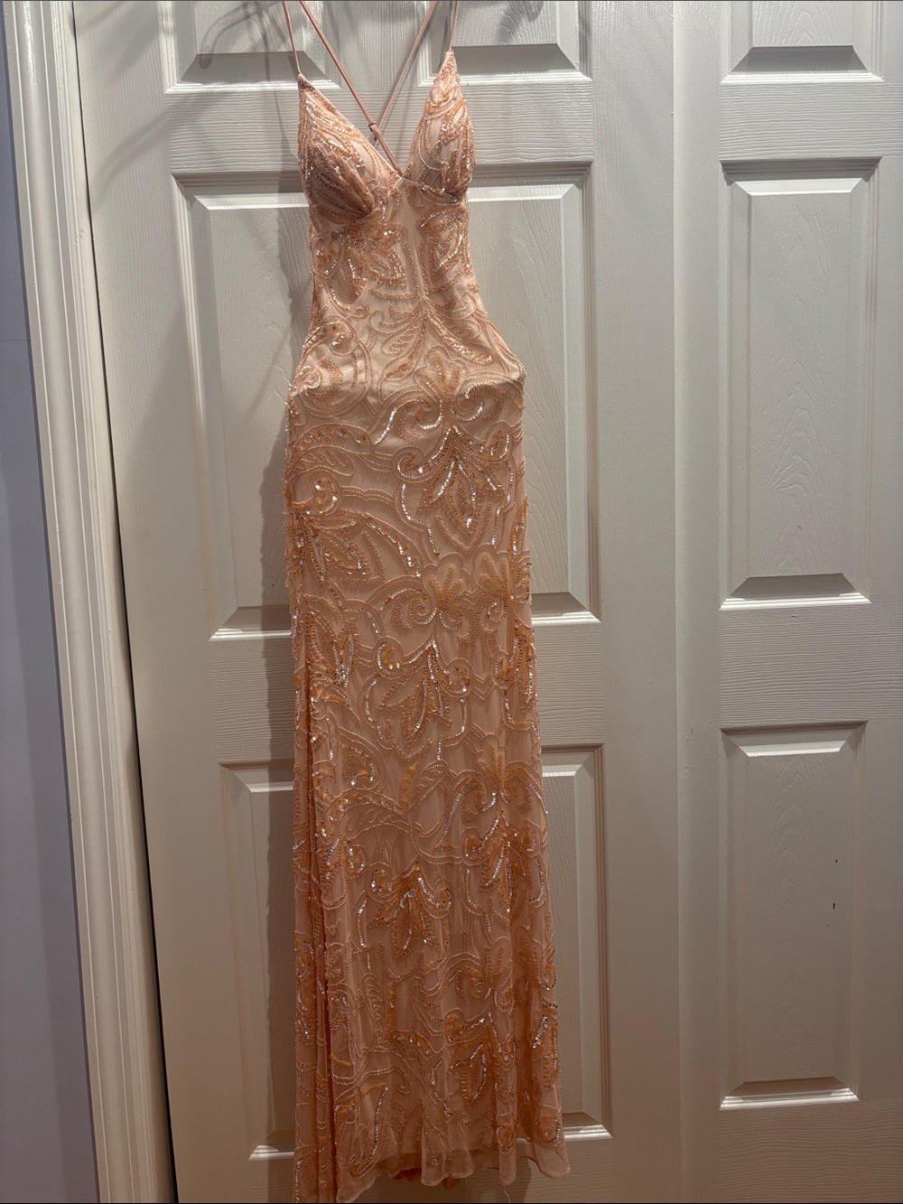 Scala Peach Beaded Spaghetti Strap Prom Dress